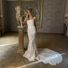 Strapless Lace Printed Mermaid — SW215 Ivory wedding dress, full-length front view