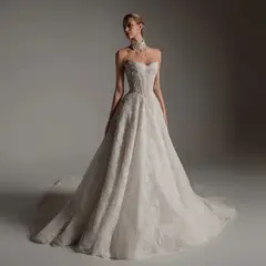 Strapless Lace Train with Scarf — SW166 Ivory wedding dress, full-length front view