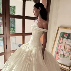 Strapless Ruched Satin Ball Gown — SW234 Ivory wedding dress, full-length back view