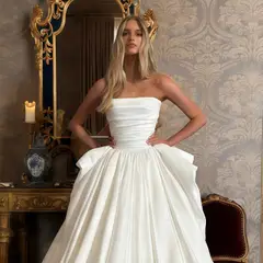 Strapless Ruched Satin Ball Gown — SW216 Ivory wedding dress, full-length back view