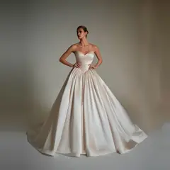 Strapless Satin Ball Gown Trailed — SW162 Champagne wedding dress, full-length front view