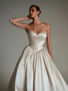 Strapless Satin Ball Gown Trailed — SW162 Champagne wedding dress, full-length side view