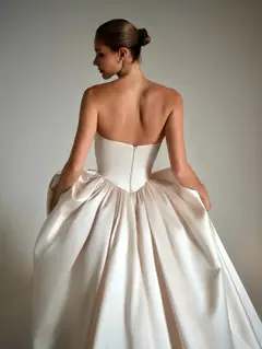 Strapless Satin Ball Gown Trailed — SW162 Champagne wedding dress, view 5