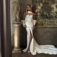 Strapless Satin High Slit Mermaid with Scarf — SW219 Ivory wedding dress, full-length front view