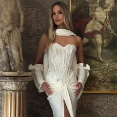 Strapless Satin High Slit Mermaid with Scarf — SW219 Ivory wedding dress, full-length back view
