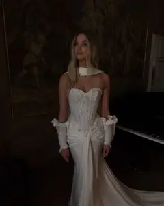 Strapless Satin High Slit Mermaid with Scarf — SW219 Ivory wedding dress, view 3
