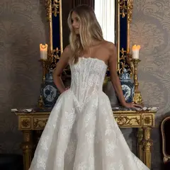 Strapless Sequin Sheer Lace Ball Gown — SW214 Ivory wedding dress, full-length back view