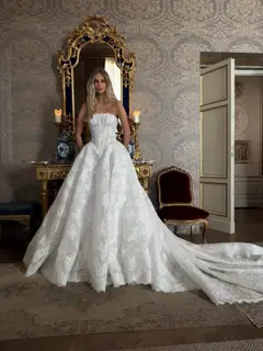 Strapless Sequin Sheer Lace Ball Gown — SW214 Ivory wedding dress, close-up detail