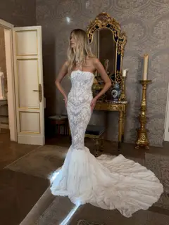 Strapless Sheer Lace Mermaid with Neckwear — SW223 Ivory wedding dress, full-length back view