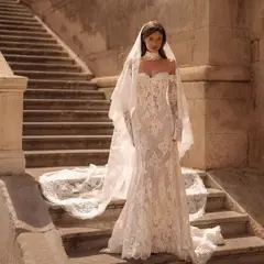 Sweetheart Neckline Sheer Lace Mermaid with Veil — SW171 Ivory wedding dress, full-length front view