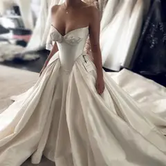 Sweetheart Satin Ball Gown with Overskirt — SW010 Ivory wedding dress, full-length back view