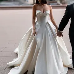 Sweetheart Satin Ball Gown with Overskirt — SW010 Ivory wedding dress, full-length side view