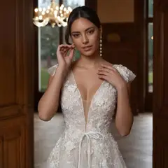 V-Neck Cap Sleeve A-Line Lace Tulle — SW711 Ivory wedding dress, full-length back view