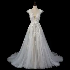 V-Neck Cap Sleeve A-Line Lace Tulle — SW711 Ivory wedding dress, full-length side view