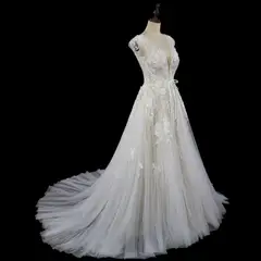 V-Neck Cap Sleeve A-Line Lace Tulle — SW711 Ivory wedding dress, view 5