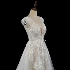 V-Neck Cap Sleeve A-Line Lace Tulle — SW711 Ivory wedding dress, view 6