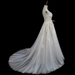 V-Neck Cap Sleeve A-Line Lace Tulle — SW711 Ivory wedding dress, view 7