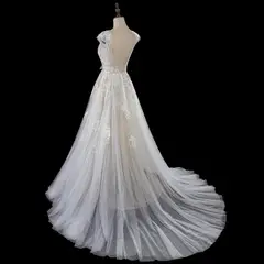 V-Neck Cap Sleeve A-Line Lace Tulle — SW711 Ivory wedding dress, view 8