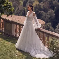 V-Neck Detachable Puff Sleeve Lace Tulle with Train — SW708 Ivory wedding dress, full-length front view