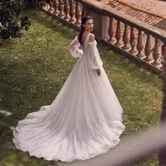 V-Neck Detachable Puff Sleeve Lace Tulle with Train — SW708 Ivory wedding dress, full-length back view