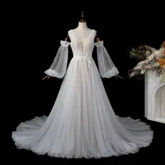 V-Neck Detachable Puff Sleeve Lace Tulle with Train — SW708 Ivory wedding dress, full-length side view