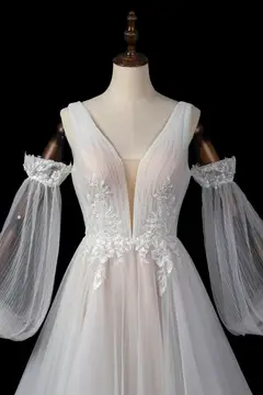 V-Neck Detachable Puff Sleeve Lace Tulle with Train — SW708 Ivory wedding dress, view 4