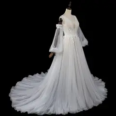 V-Neck Detachable Puff Sleeve Lace Tulle with Train — SW708 Ivory wedding dress, view 6