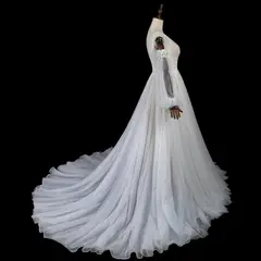 V-Neck Detachable Puff Sleeve Lace Tulle with Train — SW708 Ivory wedding dress, view 7