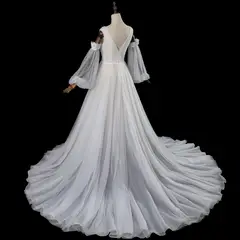 V-Neck Detachable Puff Sleeve Lace Tulle with Train — SW708 Ivory wedding dress, view 8