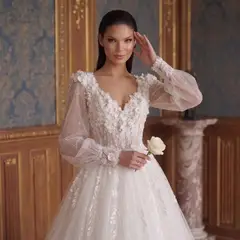 V-Neck Long Sleeve Lace-Up Back A-Line — SW716 Ivory wedding dress, full-length back view