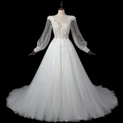 V-Neck Long Sleeve Lace-Up Back A-Line — SW716 Ivory wedding dress, full-length side view
