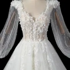 V-Neck Long Sleeve Lace-Up Back A-Line — SW716 Ivory wedding dress, view 4