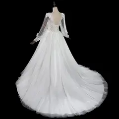 V-Neck Long Sleeve Lace-Up Back A-Line — SW716 Ivory wedding dress, view 6