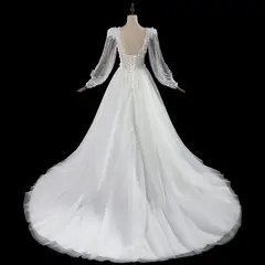 V-Neck Long Sleeve Lace-Up Back A-Line — SW716 Ivory wedding dress, view 7