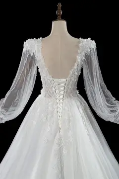 V-Neck Long Sleeve Lace-Up Back A-Line — SW716 Ivory wedding dress, close-up detail