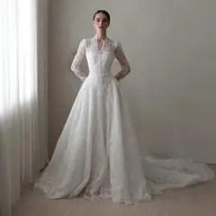 Vintag Lace High Neck Long Sleeve A-Line with Train — SW272 Ivory wedding dress, full-length front view