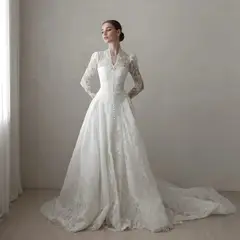 Vintag Lace High Neck Long Sleeve A-Line with Train — SW272 Ivory wedding dress, full-length back view