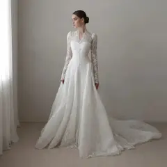 Vintag Lace High Neck Long Sleeve A-Line with Train — SW272 Ivory wedding dress, full-length side view