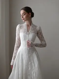Vintag Lace High Neck Long Sleeve A-Line with Train — SW272 Ivory wedding dress, view 4