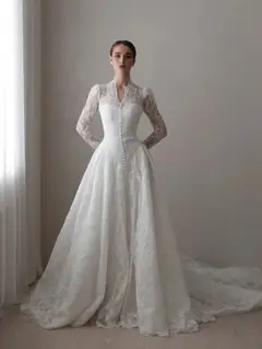 Vintag Lace High Neck Long Sleeve A-Line with Train — SW272 Ivory wedding dress, view 5