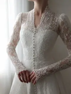 Vintag Lace High Neck Long Sleeve A-Line with Train — SW272 Ivory wedding dress, view 6