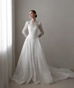 Vintag Lace High Neck Long Sleeve A-Line with Train — SW272 Ivory wedding dress, view 7
