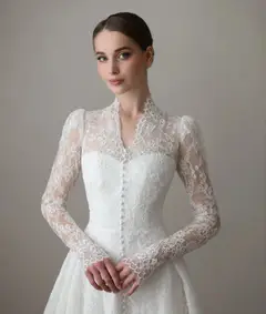 Vintag Lace High Neck Long Sleeve A-Line with Train — SW272 Ivory wedding dress, view 8