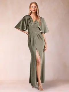 Sheath/Column V-Neck Short Sleeves Silk Satin Evening Dresses with Split Side — view 1