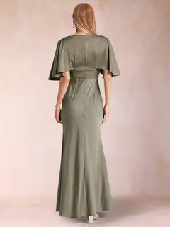 Sheath/Column V-Neck Short Sleeves Silk Satin Evening Dresses with Split Side — view 2