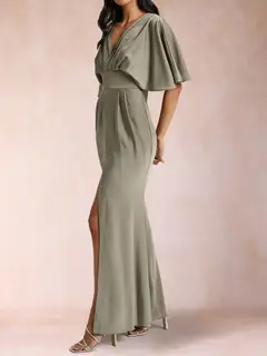 Sheath/Column V-Neck Short Sleeves Silk Satin Evening Dresses with Split Side — view 3