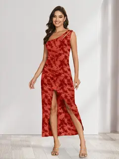 Sheath/Column One-Shoulder Short Floral Women's Dresses with Split Side — view 12