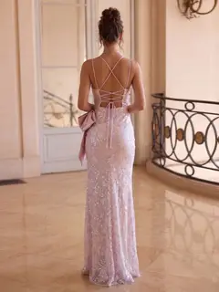 Trumpet/Mermaid Spaghetti Straps Sleeveless Floor-Length Evening Dresses with Bowknot & Split Side — view 2