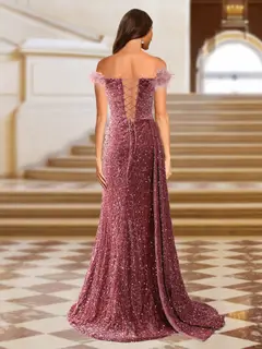 Sparkly Trumpet/Mermaid Strapless Sequined Long Evening Dresses with Split Side & Feather — view 2