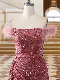Sparkly Trumpet/Mermaid Strapless Sequined Long Evening Dresses with Split Side & Feather — view 3